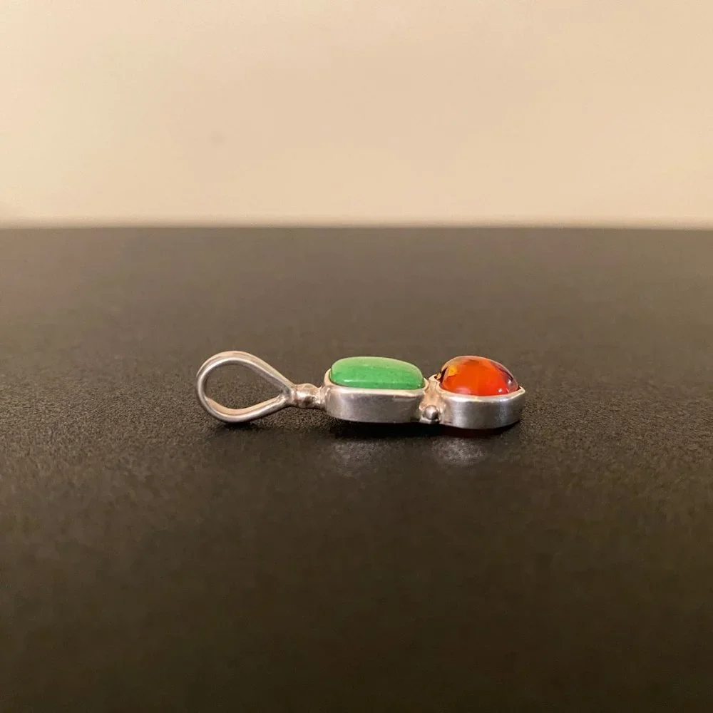 Sajen Green Turquoise and Amber Heart Sterling Silver Pendant - Picture 3 of 6